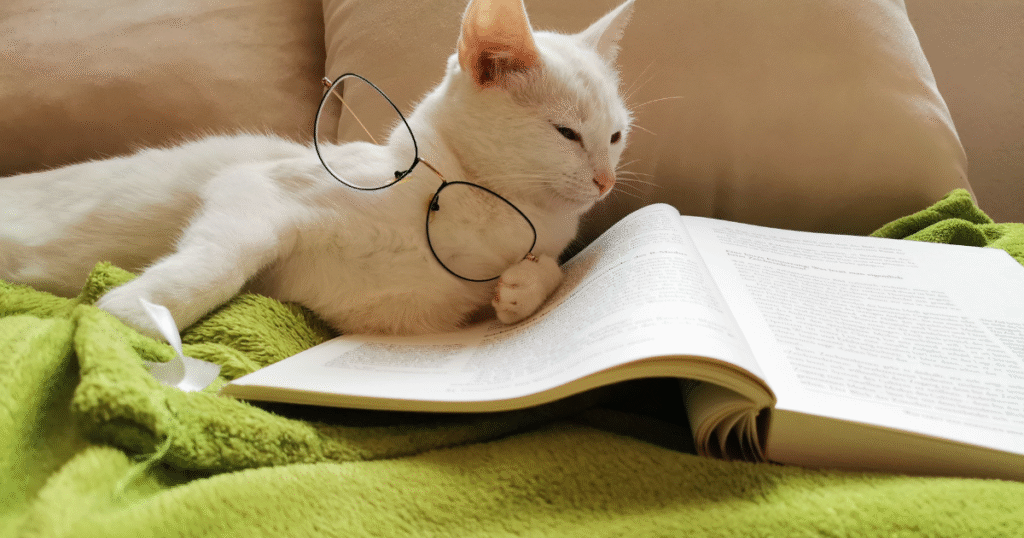 本を読みながらメガネをかかえる白猫